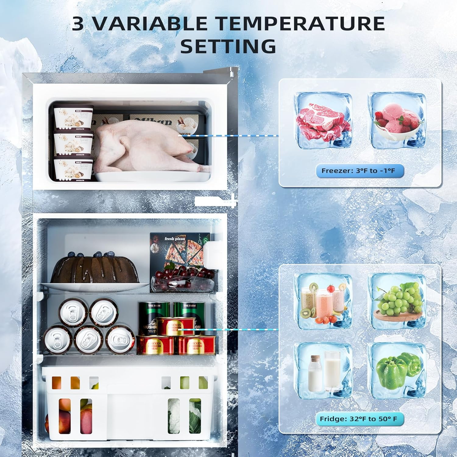 FREE VILLAGE 3.2 Cu.Ft Mini Fridge with Freezer,Compact Mini Refrigerator with Double 2 Door,Adjustable Temperature,Full Size for Home,Kitchen,Dorm,Apartment,Retro Black