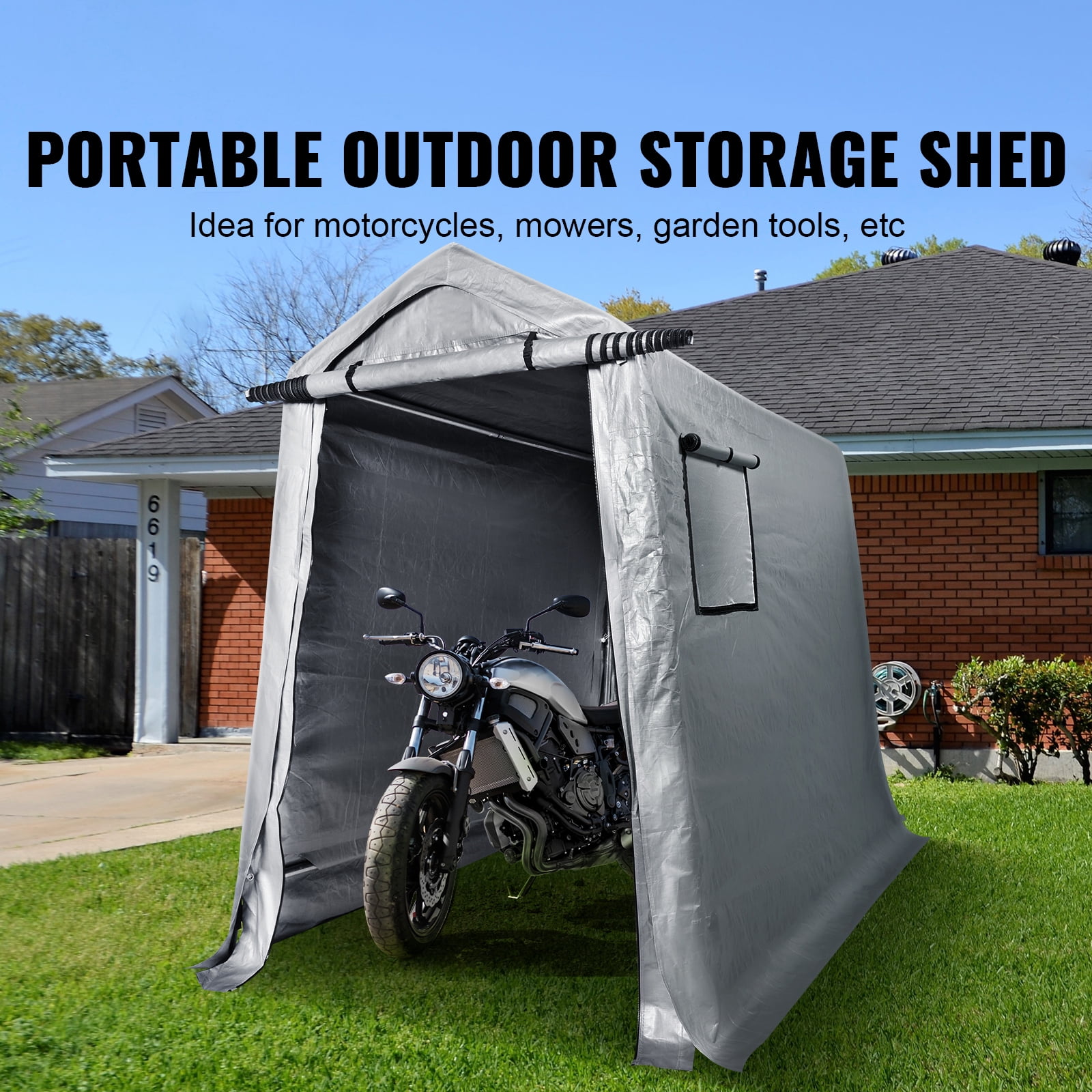 KFFKFF 6 x 8x 7 ft Portable Outdoor Storage Shelter, Heavy Duty Garage Carport Shed Waterproof Storage Tent for Motorcycle, Boat or Garden Tools with Roll up Zipper Door & Vents, Grey