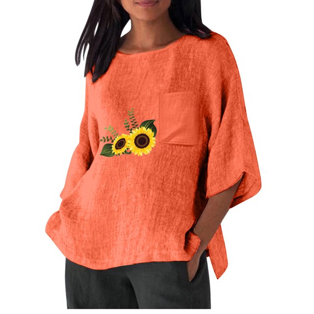 Birdeem Chemise Imitation Coton et Lin pour Femmes Manches 3/4 Col Rond T-Shirt Ample Décontracté Léger et à la Mode Haut d'Été