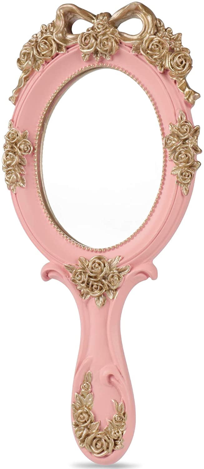 Makeup Hand Mirror Vintage Travel Hand Held Mirror, Blue Rose Cosmetic