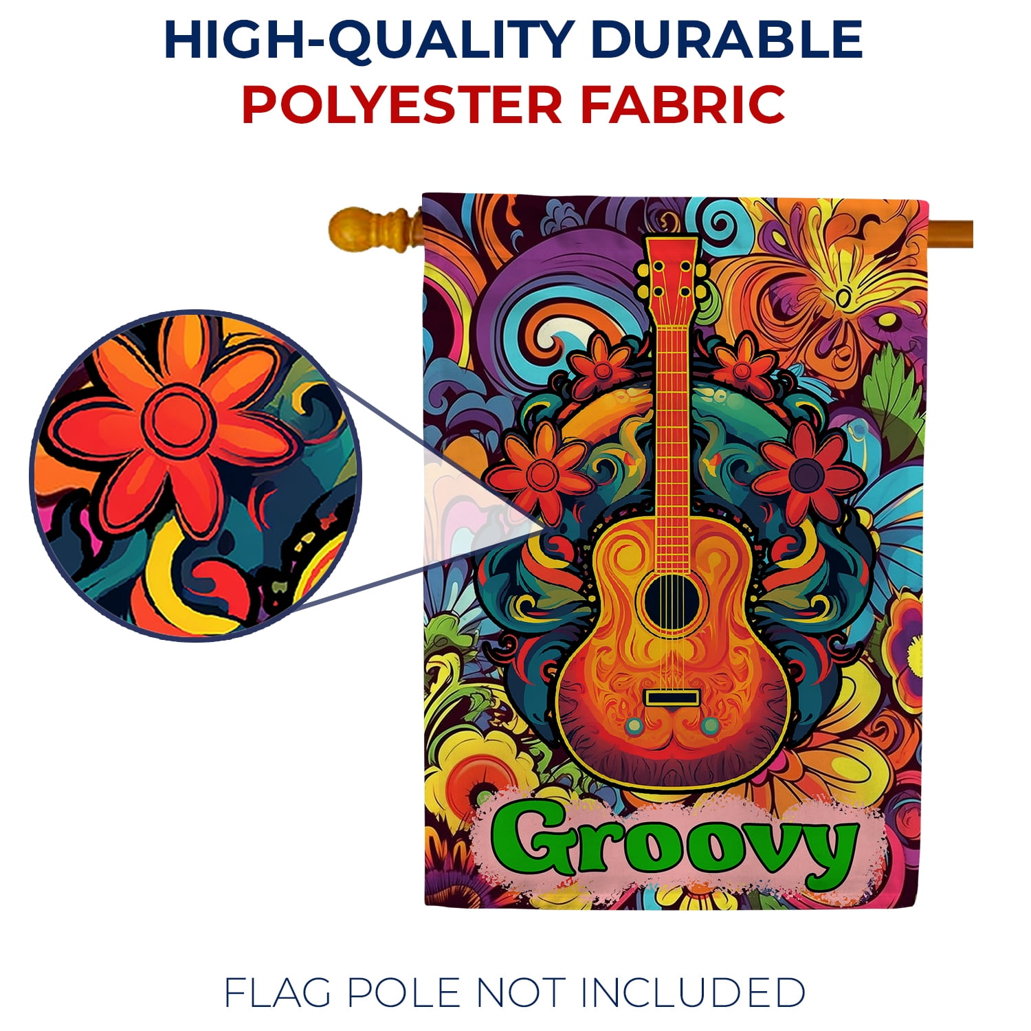 America Forever Groovy Guitar House Flag 28 x 40 inch Double Sided Psychedelic Music Flowers Hippie Colorful Retro Outdoor Yard Decorative Flag
