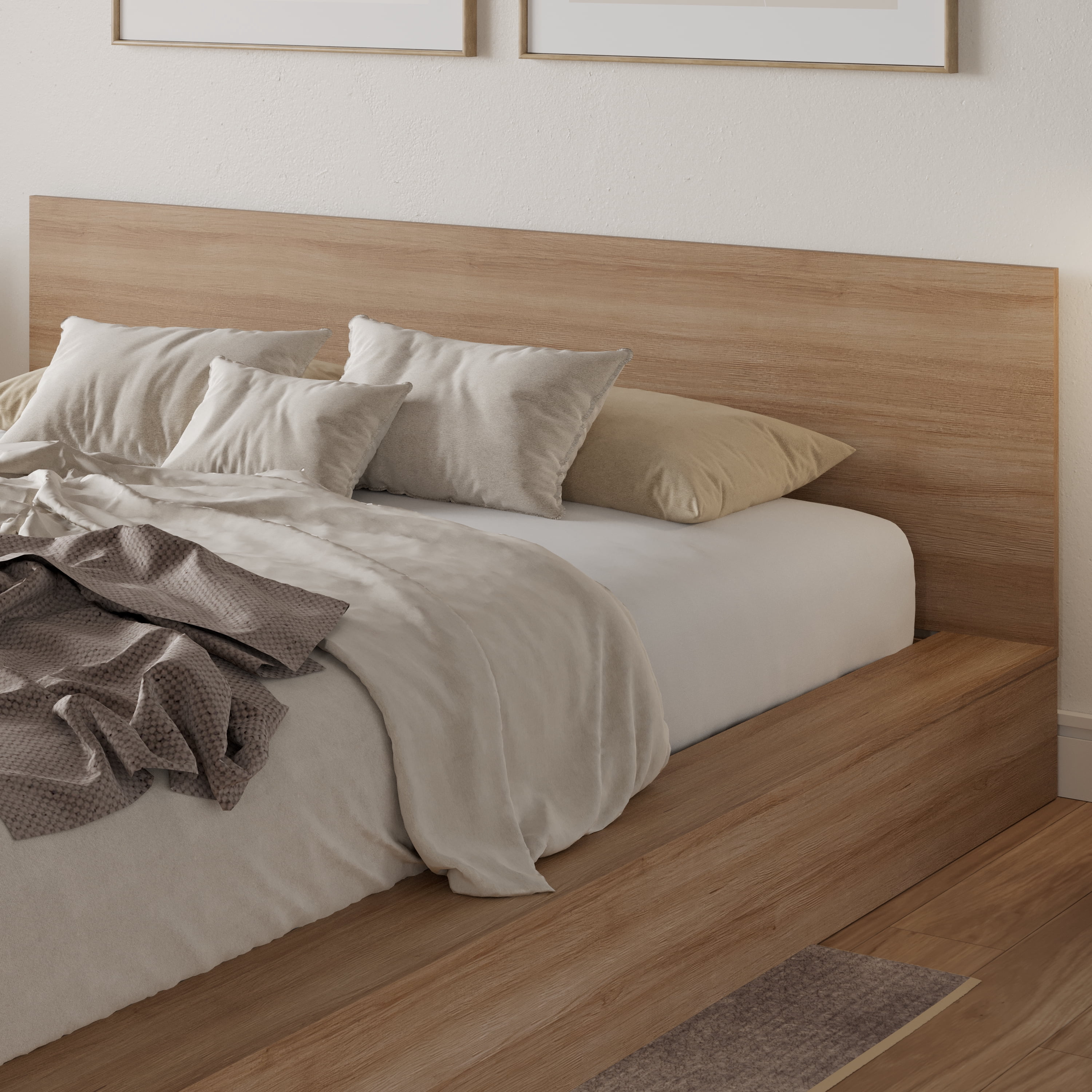 Nexera Kanso King Low Profile Wood Platform Bed with Headboard, Brown Oak