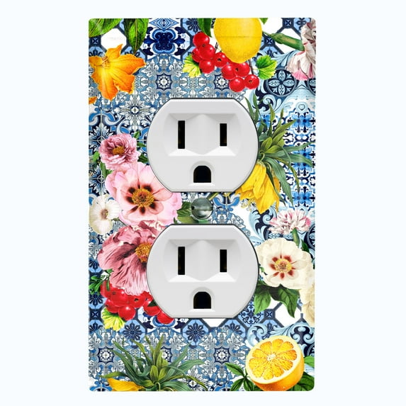 Metal Light Switch Plate Cover Colorful Flowers Fancy Blue Tile Pattern TIL010