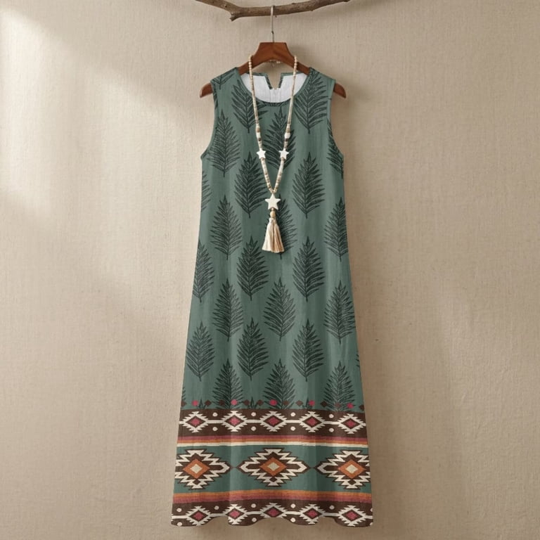 Fkelyi Women's Summer Tank Dress Sleeveless Maxi Dress Faux Linen Casual Dresses with Pockets Aztec Tribal Geometric Green Leaf Print Loose Fit Beach