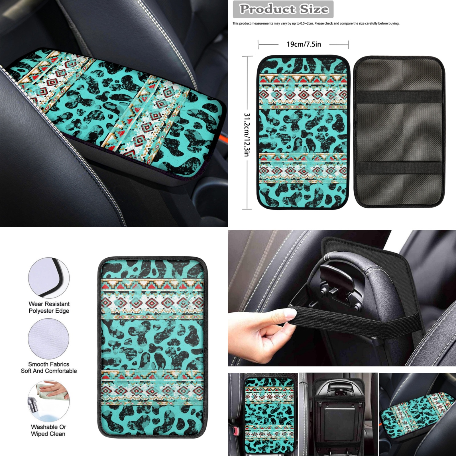 Renewold American Tribal Cow Print Teal Car Seat Covers for Women Men, with Steering Wheel Cover Seat Belt Pad Armrest Pad Handbrake Cover Gear Shift Cover Coaster Holder Car Accessories Set of 12