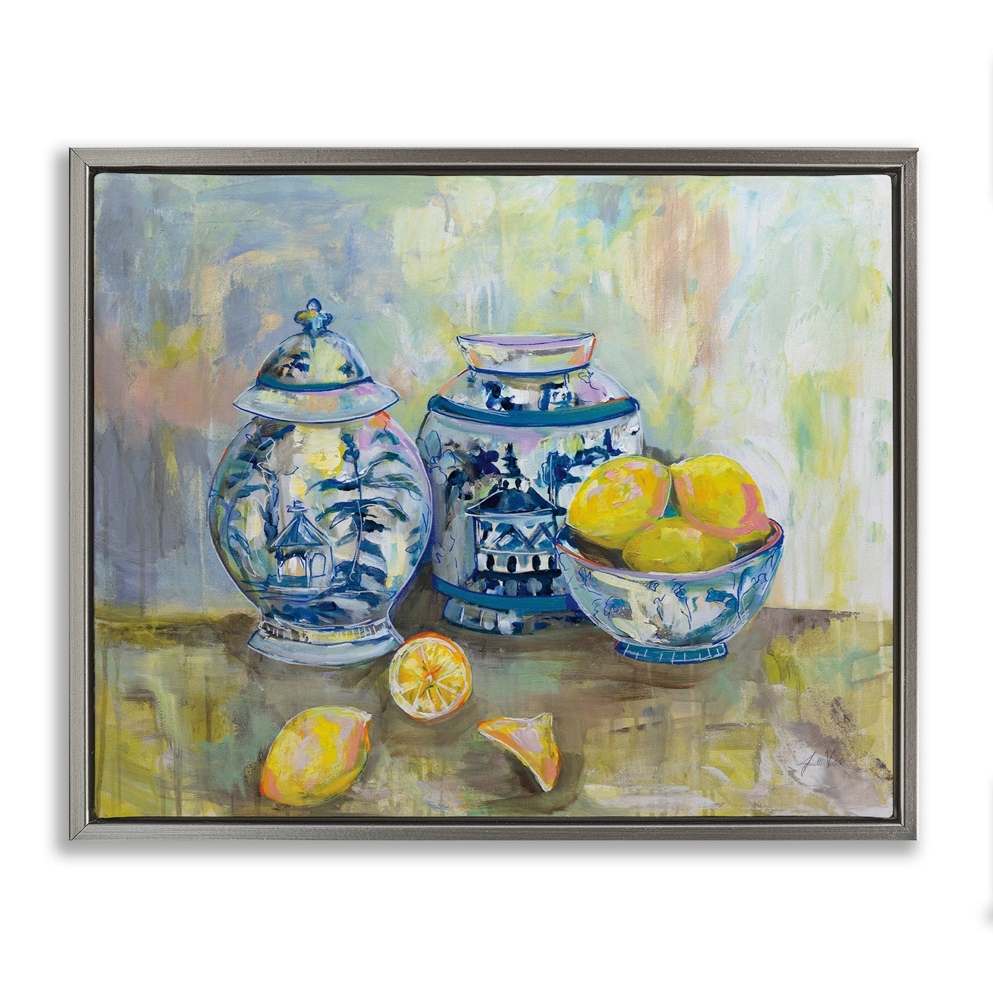 Stupell Industries Lemons and Pottery Yellow Blue Classical Painting Luster Gray Framed Floating Canvas Wall Art, 16x20, by Jeanette Vertentes