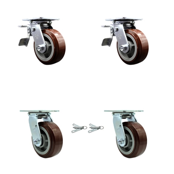 5 Inch Polyurethane Caster Set with Ball Bearings 2 Brakes 2 Swivel Locks SCC