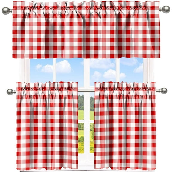 Buffalo Check Tiers and Valances Set Red and White Farmhouse Kitchen Window Curtain Rod Pocket Window Treatment Decor Curtain