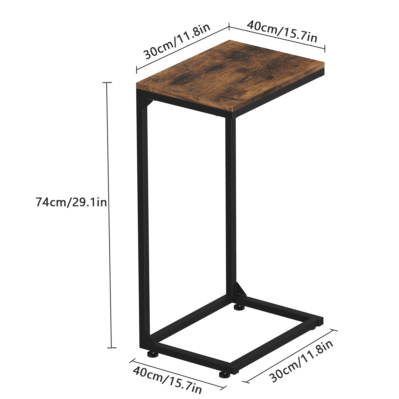 Set of 2 C Shaped Metal End Table with Adjustable Feet, Small Sofa Couch Side Table for Living Room Bedroom, Brown