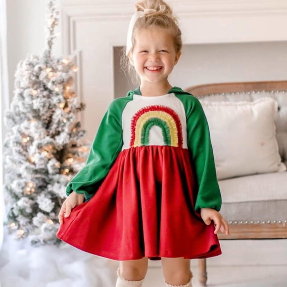 gljltg Toddler Girls Dresses Winter Hoodie Clothes Rainbow Sequins Long Sleeve Cotton Sweatshirt Toddler Baby Kids Winter Girls Multicolour Mesh Clothes Hooded Dress for Little Kids 3-7 Years