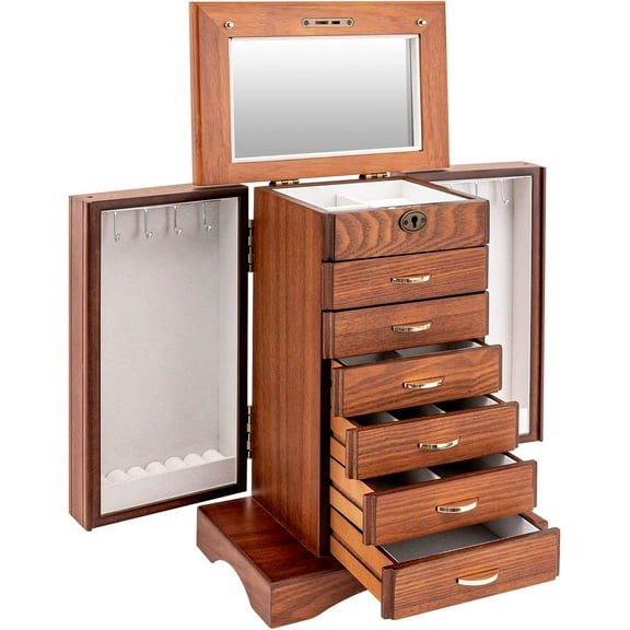 Miumaeov 7 Tier Large Wooden Jewelry Box Display Case Organizer Women Jewelry Storage