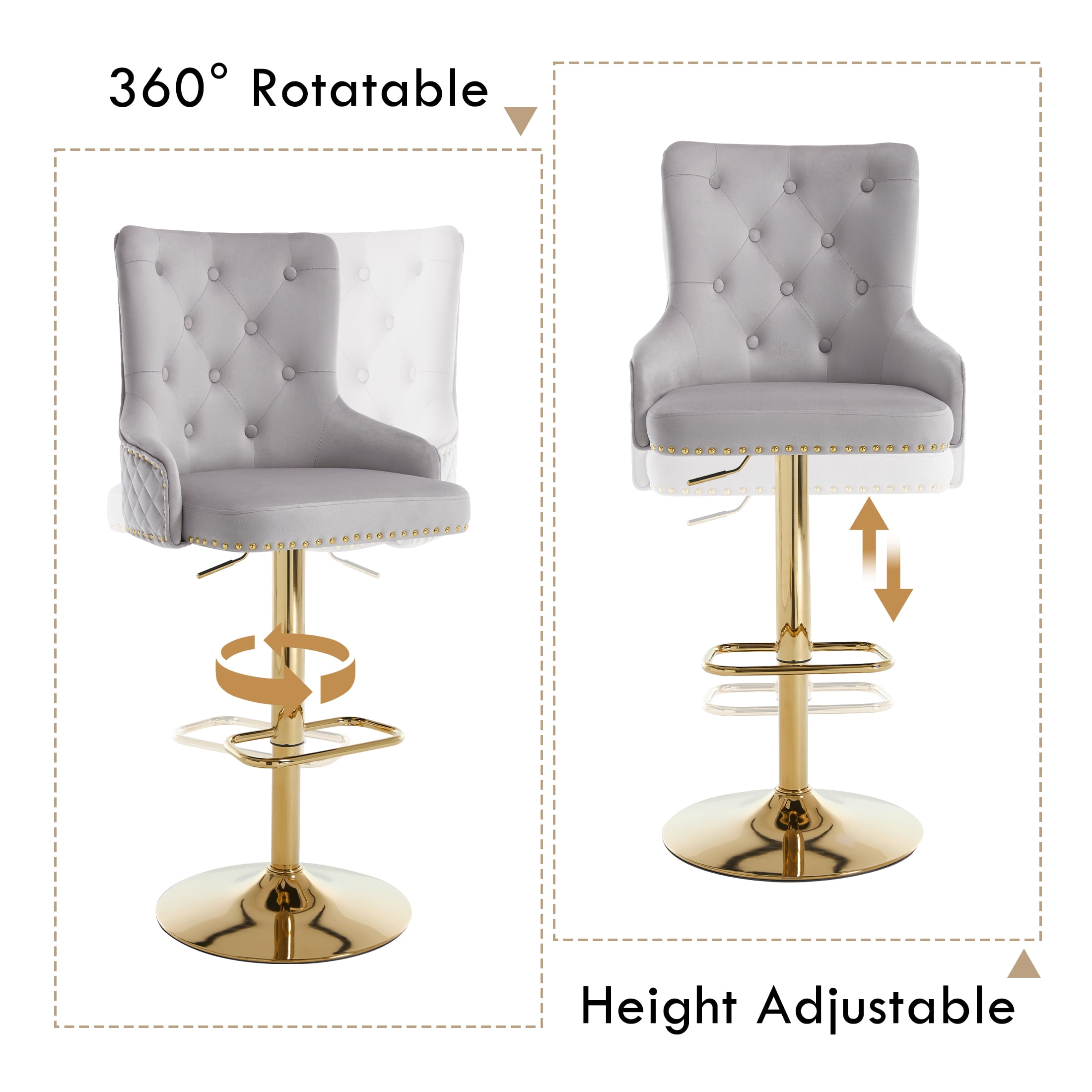 Velvet Gold Bar Stools Set of 2 Modern Counter Height Bar Stools with Lion Pull Ring Tufted High Back, Nailhead Upholstered Barstools for Home Kitchen Island, Swivel Adjustable Stool Chair in Grey