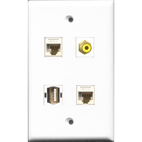 RiteAV 1 Port RCA Yellow and 1 Port USB A-A 2 Port Cat6 Ethernet White Wall Plate