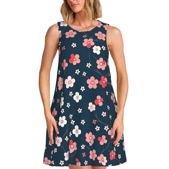Bixox Cherry Blossoms Print Women's Sleeveless A-Line Dress with Pockets, Casual Knee-Length Tank Dress for Summer-X-Large