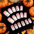 thumbnail image 2 of Halloween Nail Art, 24 Pcs Halloween Press On Nails Medium, White Gradient Ghost Flower Spider Web Fake Nails with Festive Spooky Design, Reusable False Nail Tips for Women, DIY Party Manicure Set, 2 of 5