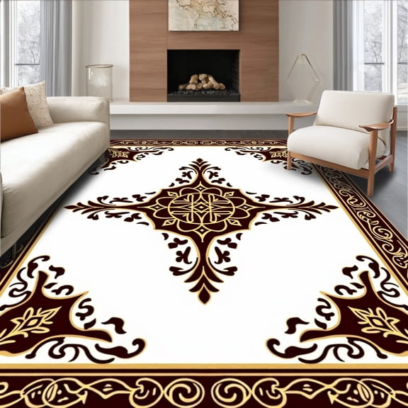 ODIKA 4'x6' Machine Washable Non-Slip Area Rug, Vintage Medallion Floor with Ornate Central Motif Design High Traffic Rug, Brown, 672022