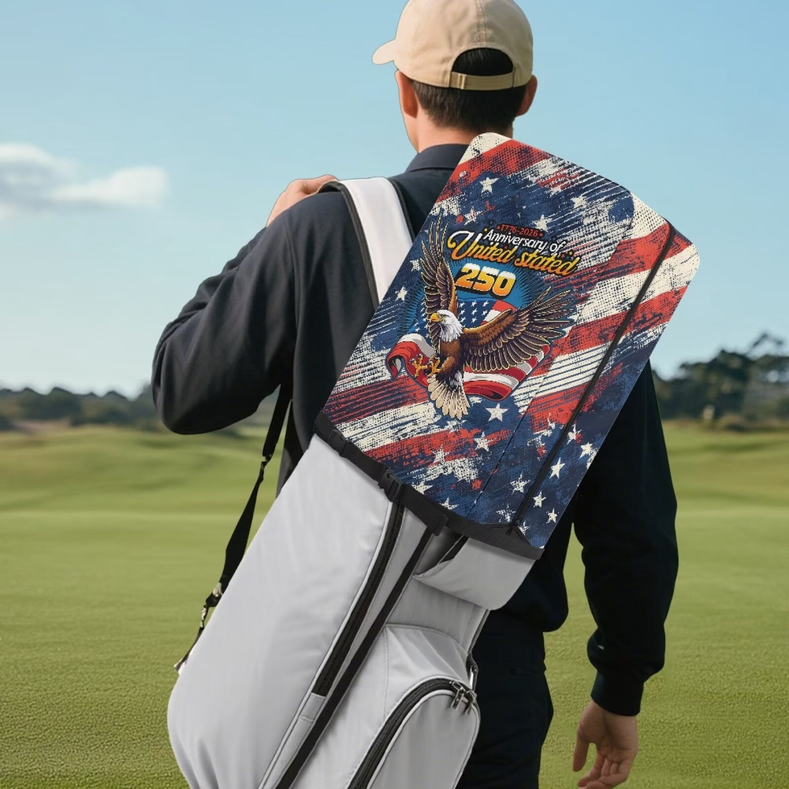 Yuyamidu 250 Annviersary USA Golf Bag Cover Eagle Dust and Sun Protection Golf Bag Umbrella for Clubs with Snap Button Adjustable Easy Access Fit Most Club Bags