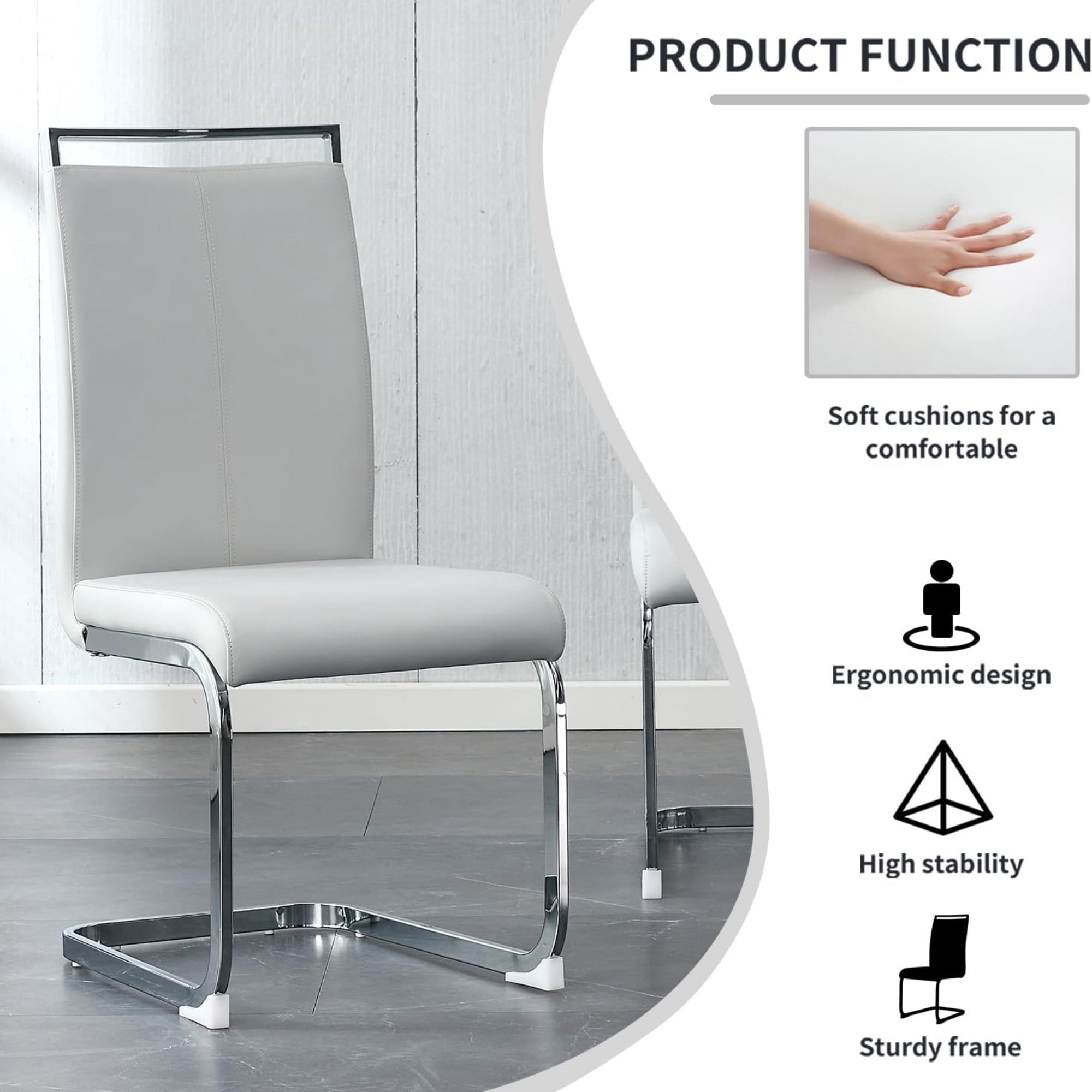 SUDICA Dining Chairs Set of 2, Light Gray PU Leather Upholstered Kitchen Chairs with Chrome Legs