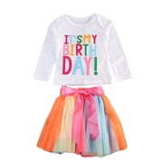 FOCUSNORM Baby Girls Long Sleeve T-shirt+Tutu Skirt Outfit Birthday Clothes