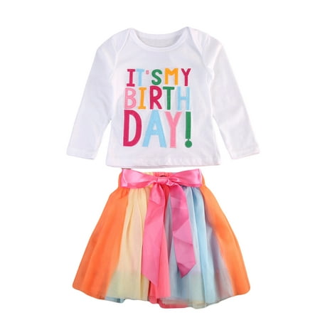 FOCUSNORM Baby Girls Long Sleeve T-shirt+Tutu Skirt Outfit Birthday Clothes