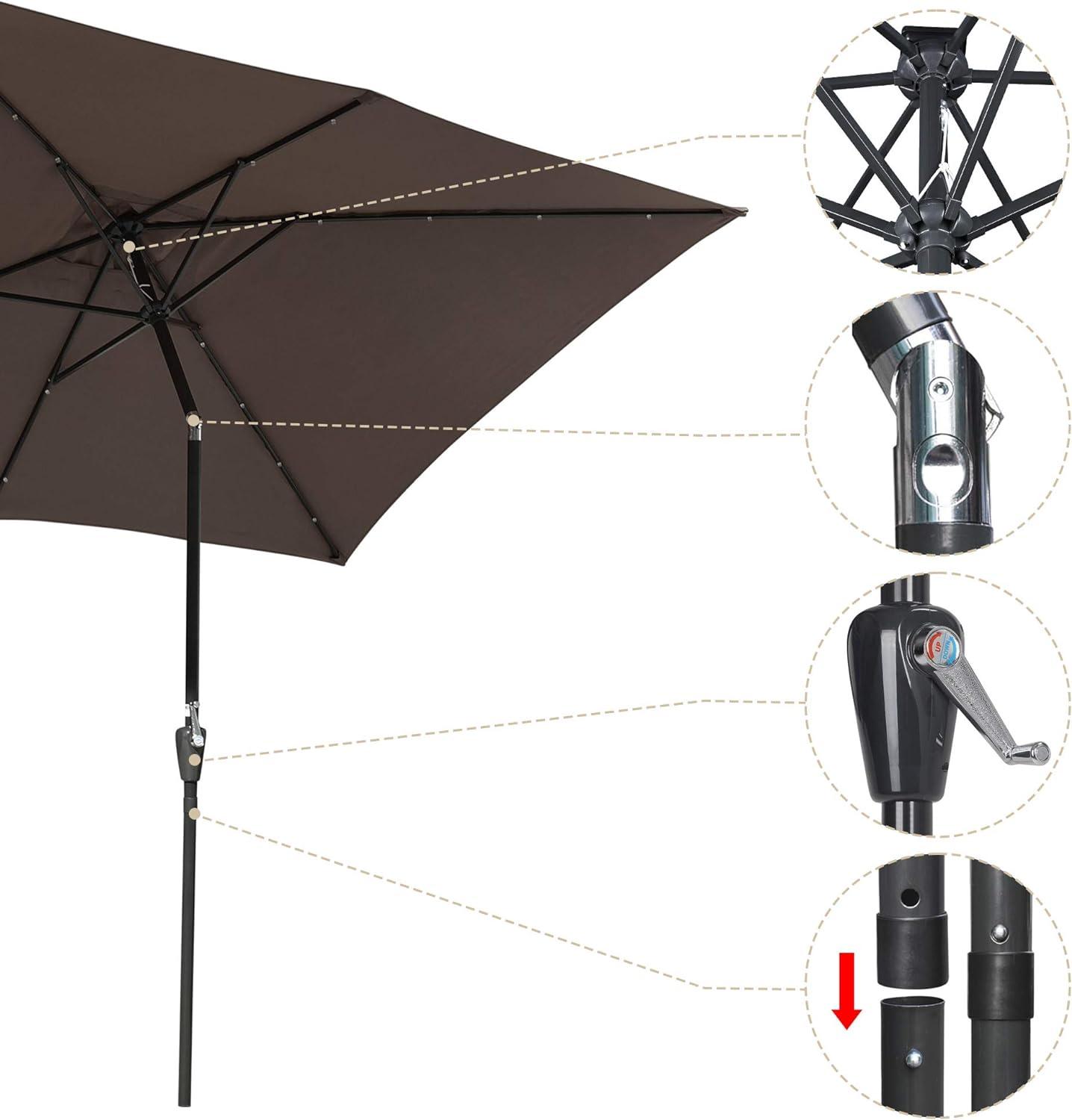 10x6.5 ft Outdoor Rectangle Solar Powered LED Patio Umbrella with Crank Tilt for Garden Backyard Table Market Pool, Brown