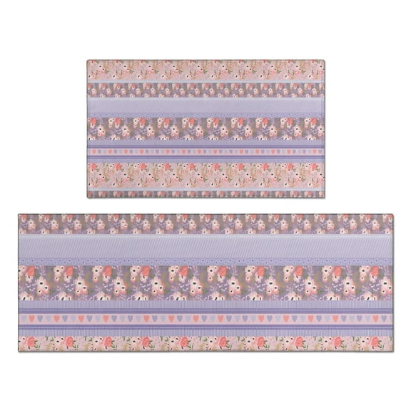 Purple Pioneer Flower Striped Pattern Kitchen Rugs Sets Of 2,Anti Fatigue Kitchen Mat Rugs Non Slip Washable,Decorative Kitchen Floor Mats for Kitchen,Sink,Laundry,17"x30" 17"x47"