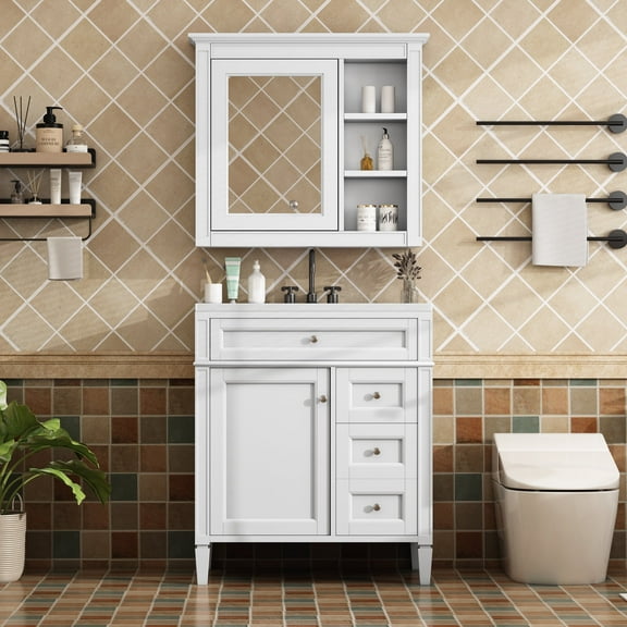 30'' Single Sink Bathroom Vanity with Mirror Cabinet Modern Bathroom Storage Cabinet with 2 Drawers and a Tip-out Drawer, White