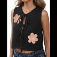 thumbnail image 3 of Chaleco de Suéter para Mujer, Sin Mangas, Bordado, Cuello en V, Abierto Al Frente, con Lazo, Corte de Crochet, Informal, Y2K. Negro L, 3 of 9