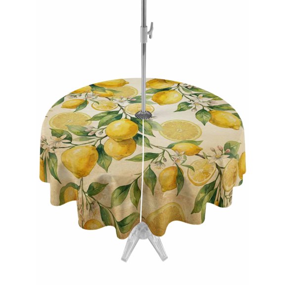 Outdoor Tablecloth with Umbrella Hole for Patio/Picnic/Party/Camping, Lemon Waterproof Table Cloth Round Cover Washable, Farmhouse Vintage Summer Retro Fruits Yellow Brown (Dia 54")