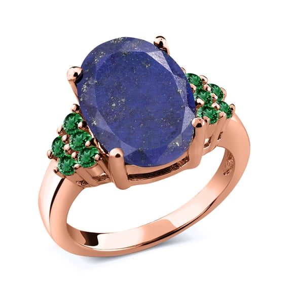 Gem Stone King 4.25 Ct Oval Blue Lapis Green Nano Emerald 18K Rose Gold Plated Silver Ring (Size 9)