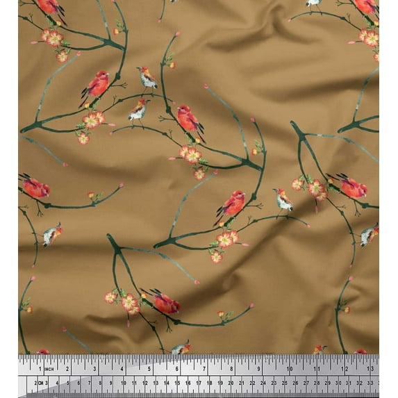 Soimoi Brown Cotton Cambric Fabric Branch,Floral & American Robin Bird Print Sewing Fabric BTY 56 Inch Wide