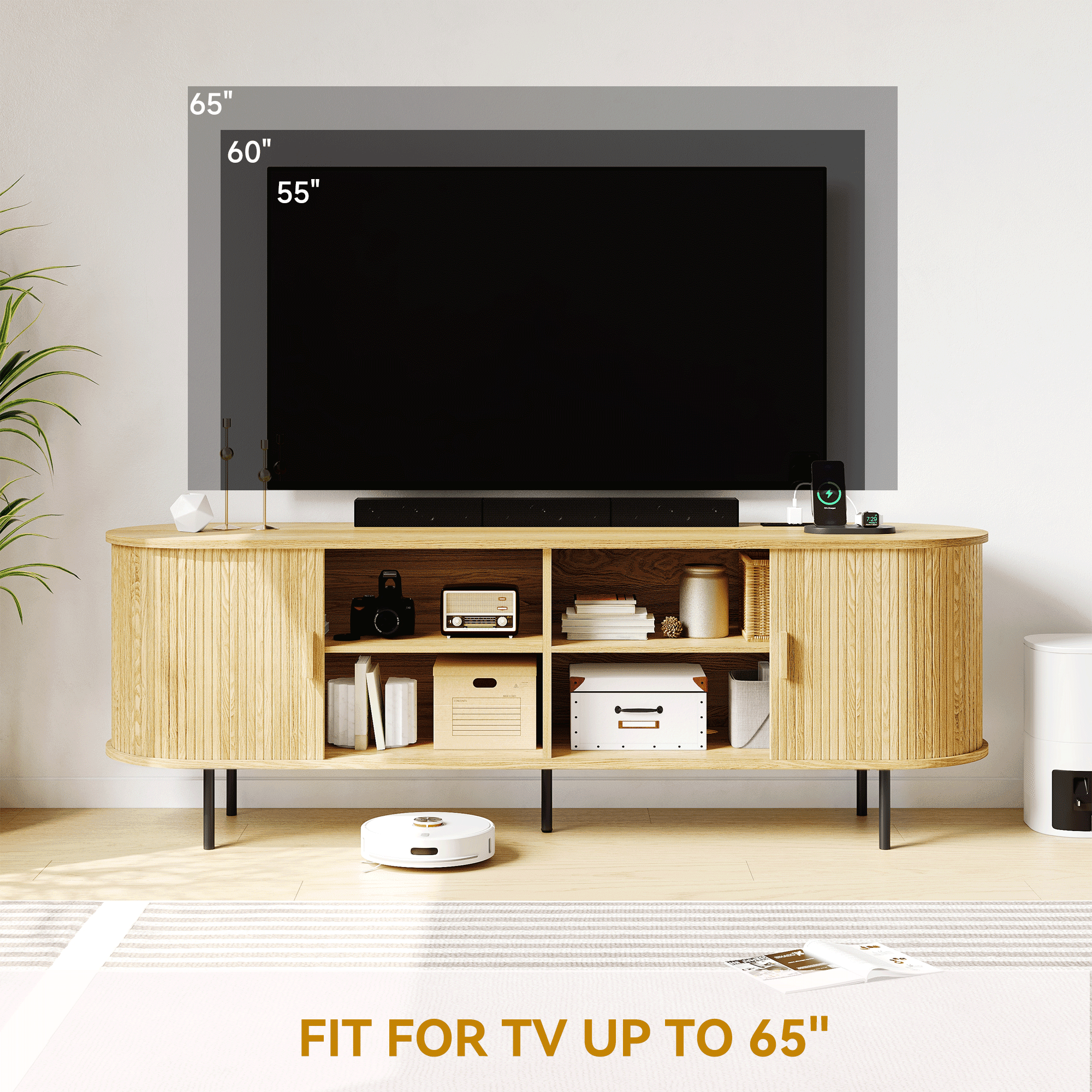 MARNUR 63" TV Stand for 70" TV, Wood Entertainment Center with Storage and Shelves, 2 Sliding Tambour Doors, Mid-Century Modern, Oak