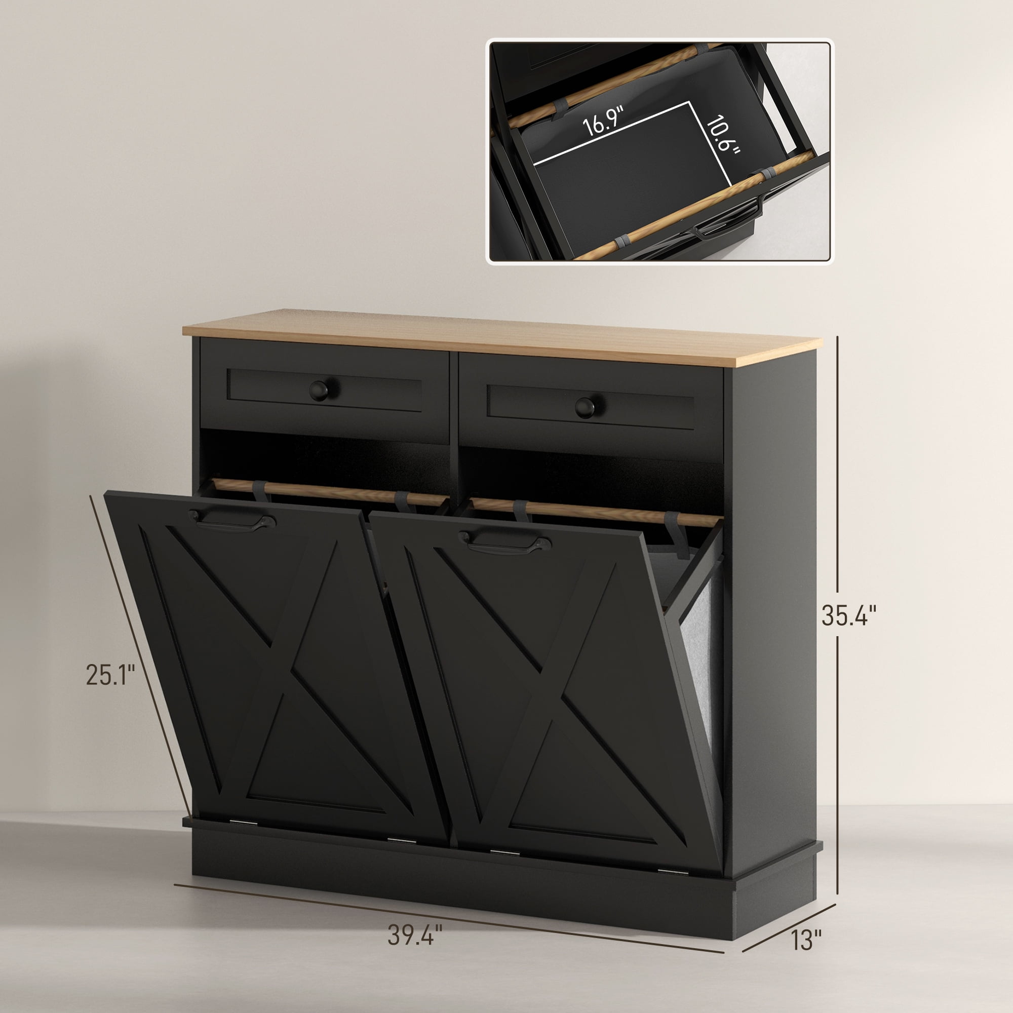 HOMCOM Tilt Out Laundry Hamper Cabinet Bathroom Storage Cabinet with 2 Removable Baskets and 2 Drawers, Black