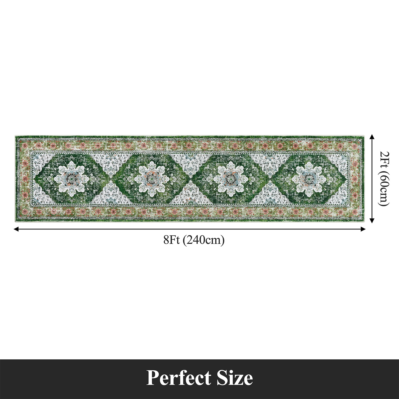 MeyJey Oriental Indoor Runner Rug for Hallway 2'x8', Non-Slip Machine Washable Vintage Area Rug Floor Carpet for Bedroom Kitchen Dinning/Living/Laundry Room, Green
