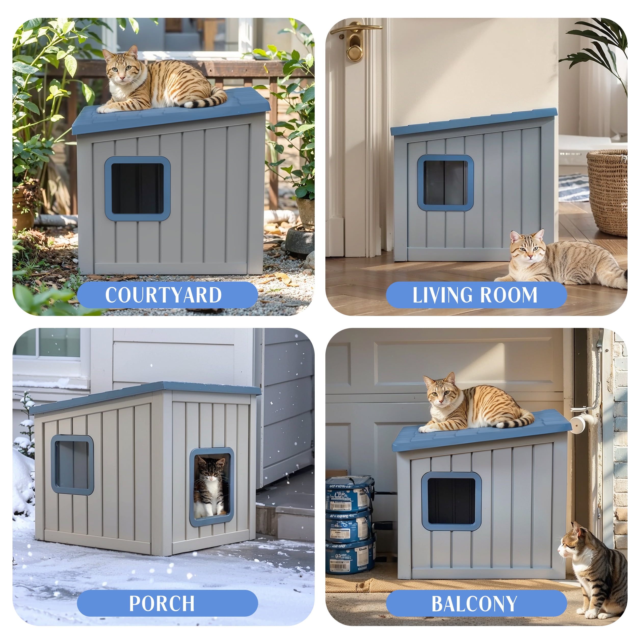 fazzn Outdoor Cat House,Waterproof Resin Cat Houses for Feral Cats,Robust and Easy to Assemble,Feral Cat Shelter for Winter,Suitable for Cats, Rabbits and Other Small Animals.Black/Blue,Father's Day