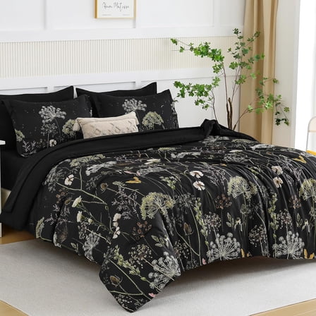 7 Piece Black Floral Comforter Set Queen Size