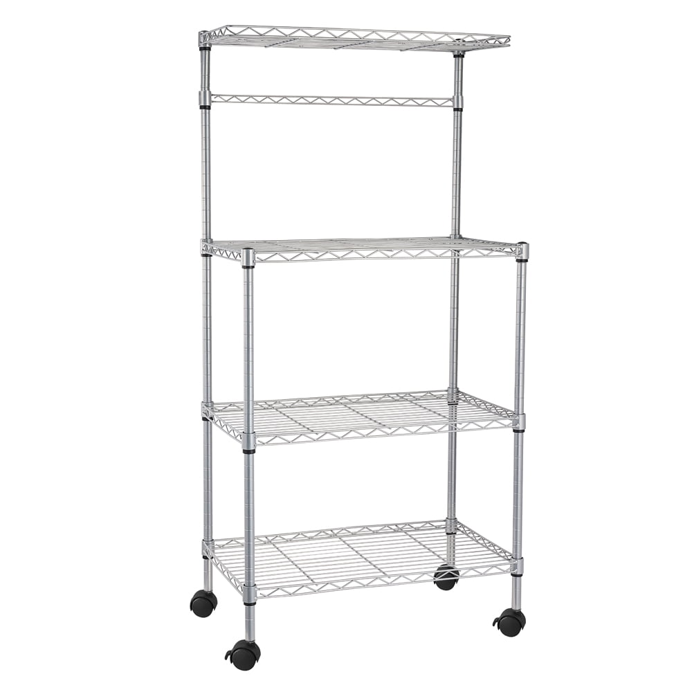 Ktaxon 4-Tier Kitchen Baker's Rack Rolling Microwave Oven Stand Utility Kitchen Cart Island with Storage Shelves, Silver Finish