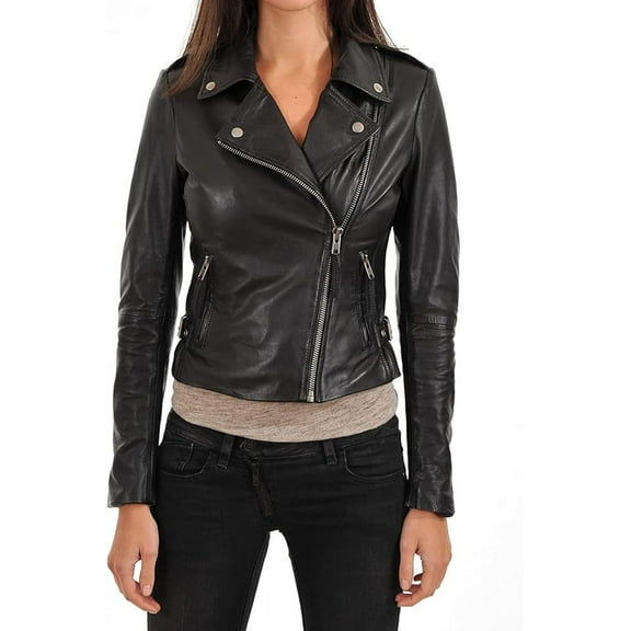 Women's Genuine Black Lambskin Leather Jacket Motorcycle Slim fit Biker Jacket W585