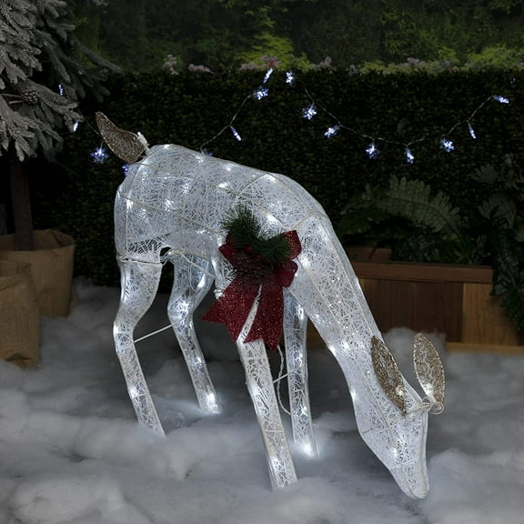 Alpine Corporation 37" x 11" x 28" Light-up Mesh Grazing Reindeer Holiday Outdoor Decor, White