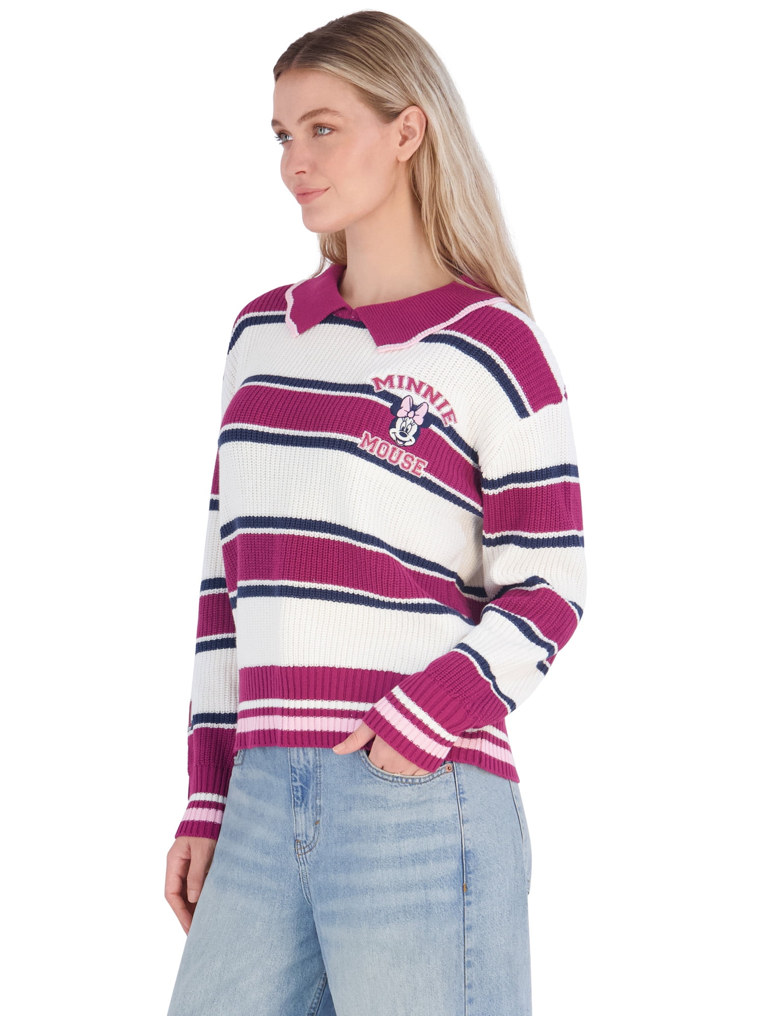 Disney Minnie Mouse Women's Graphic Striped Long Sleeve Sweater, Sizes XS-3XL