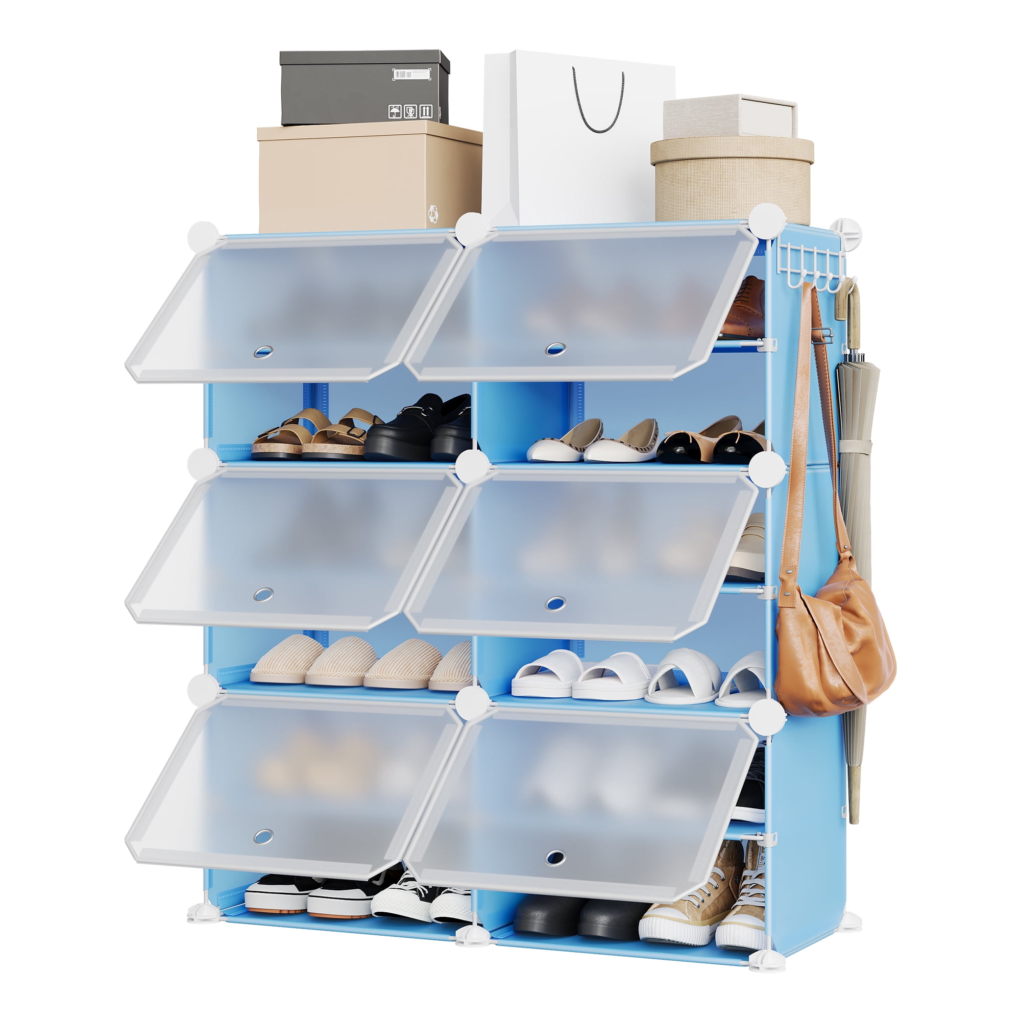Modular 6-Cube Shoe Storage Cabinet with Doors – 6-Tier Plastic Shoe Organizer – Space-Saving – Easy DIY Assembly – for Entryway, Bedroom, Living Room – Blue