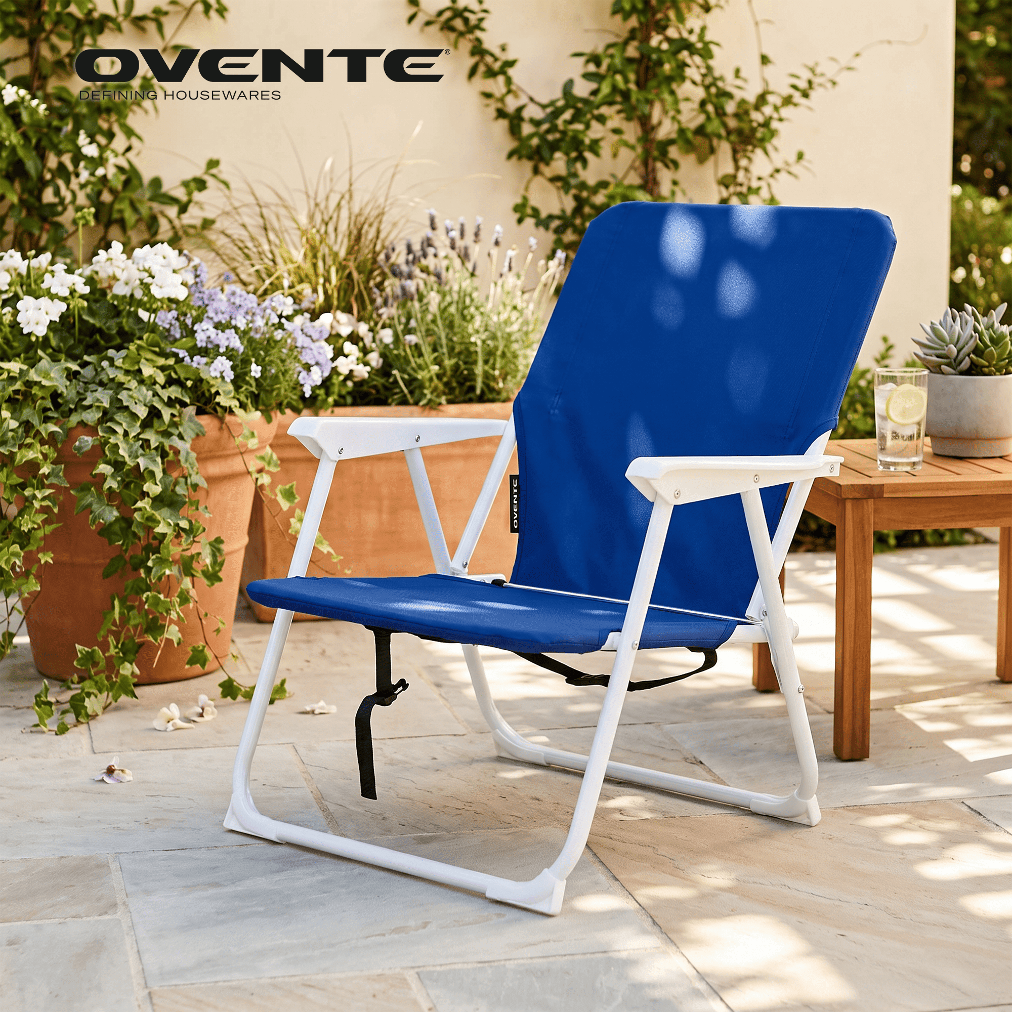 OVENTE Portable Beach Chair, Lightweight, Ergonomic Design, Blue CHR011BL | Foldable Camping Chair with Hard Armrest, Backrest and Pocket for Storage, Ideal for Travel, Hiking and Picnic