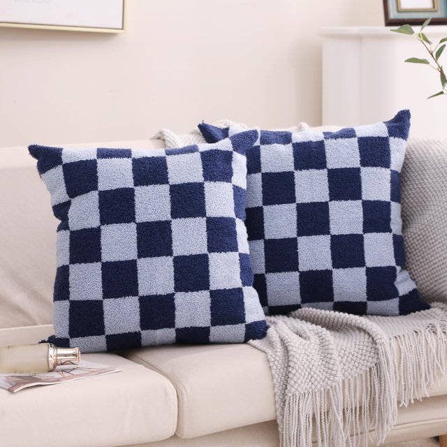 Alysheer Fundas de almohada decorativas bordadas a cuadros, 18.0 x 18.0 in, juego de 2 fundas de cojín clásicas y elegantes de lona de algodón con estampado de cuadros azul marino para sofá, cama, sal