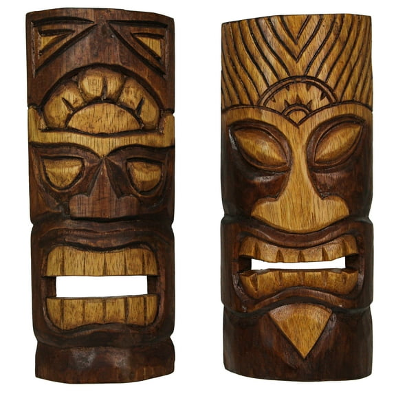 Things2Die4 Brown Wood Tiki Mask Wall Hangings-Abstract Design 12 inch (Set of 2)
