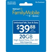 Walmart Family Mobile $39.88 Unlimited Monthly Prepaid Plan (20GB at High Speed, then 2G*) + 10GB Mobile Hotspot e-PIN Top Up (Email Delivery)