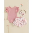 thumbnail image 6 of Baby Toddler Girl Summer Outfits 3 6 12 18 Months Solid Color Crew Neck Short Sleeve Romper Bow/Sunflower Print Shorts Headband 3Pcs Clothes Set, 6 of 9