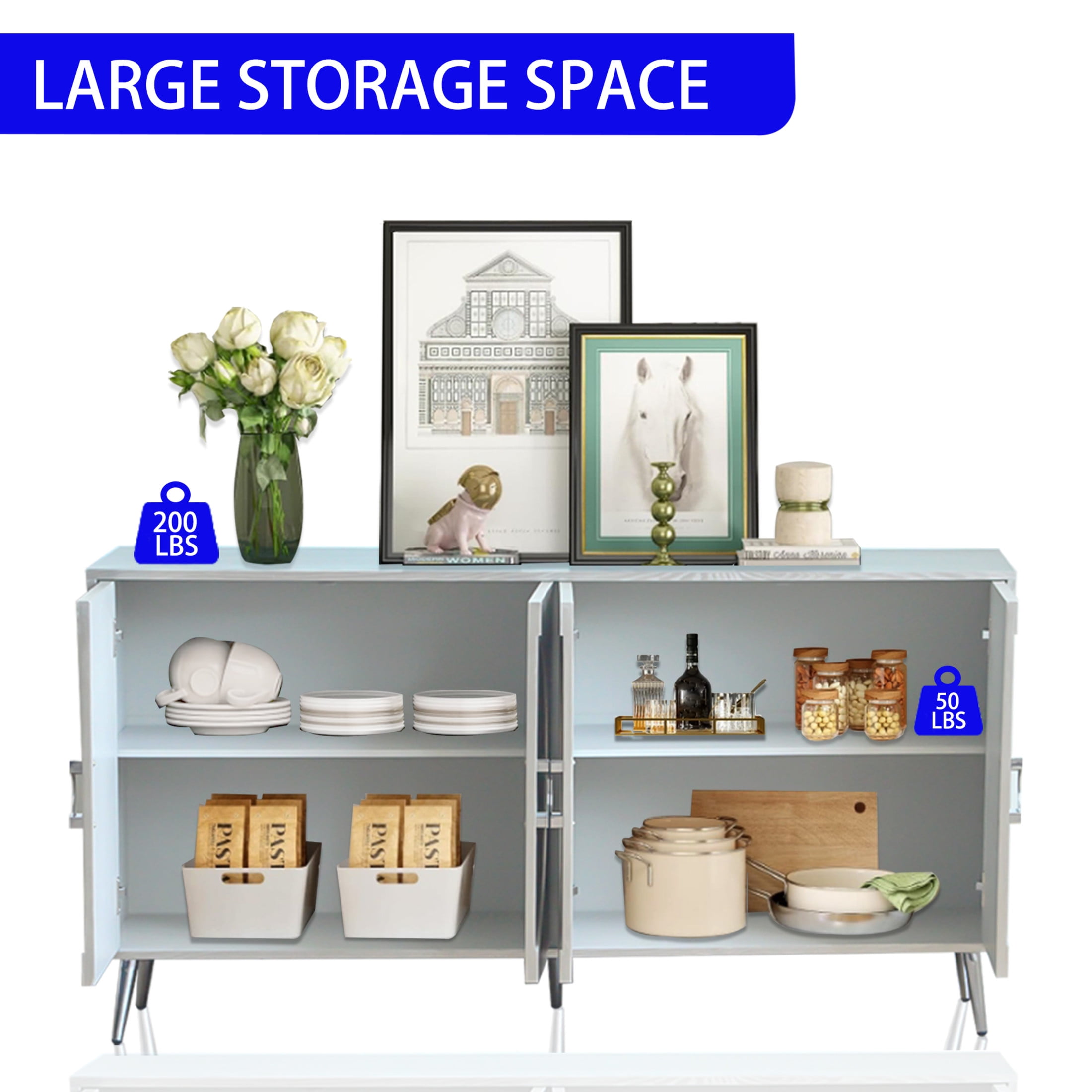 Noble House 59.8" Modern Lacquered Sideboard, Buffet Storage Cabinet with Adjustable Shelves, Champagne Silver