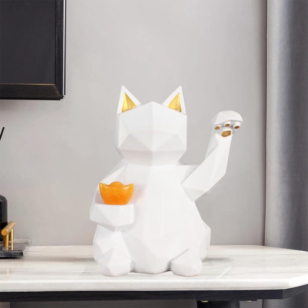 Escultura de decoración de gato de la , de Animal abstracto, estatua de resina de superficie geométrica, para decoración de blanco Soledad Figura gato de la suerte