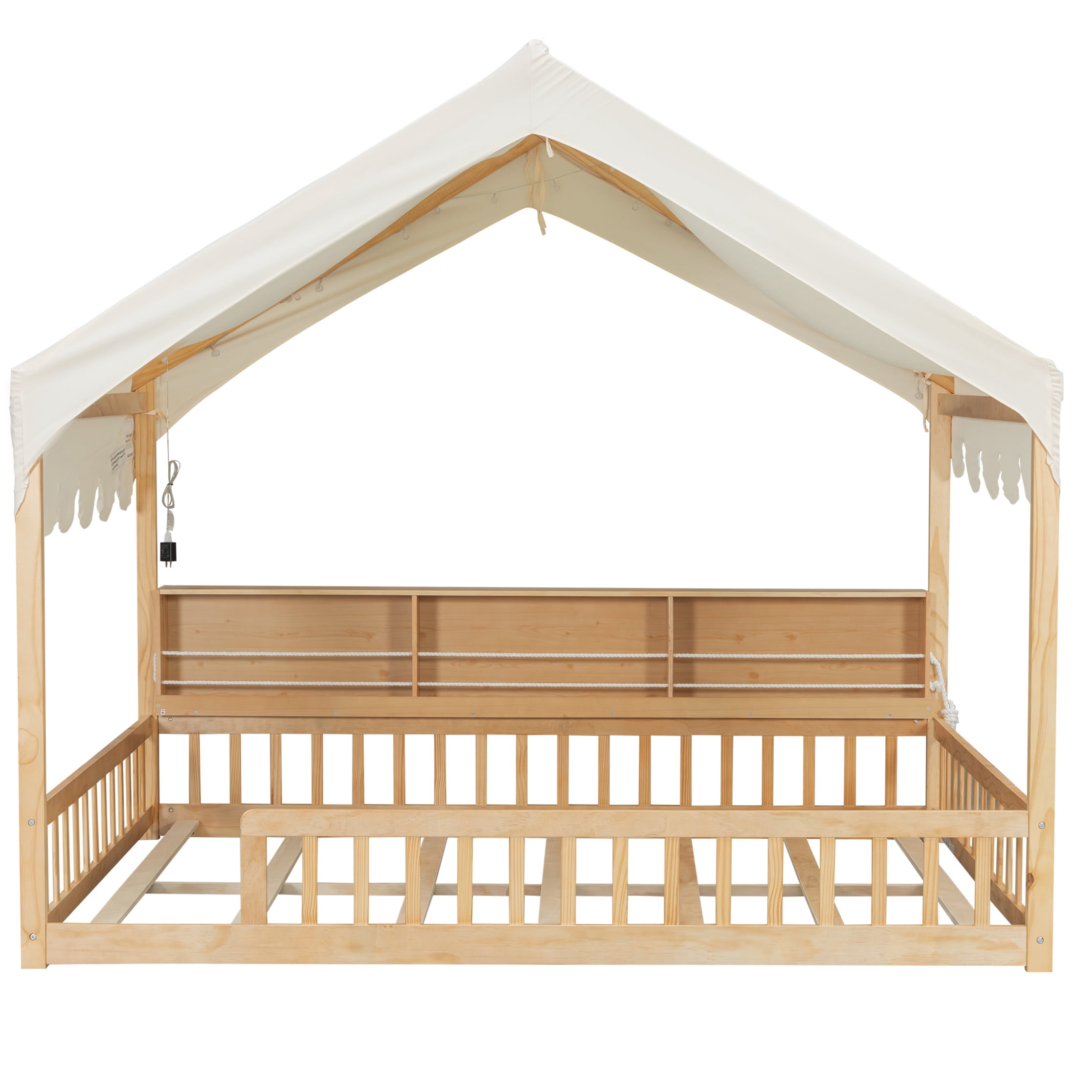 Noble House Larissa Full Size House Bed with Fence and LED Lights, Wooden Floor Bed, Heavy Duty, Natural and Beige