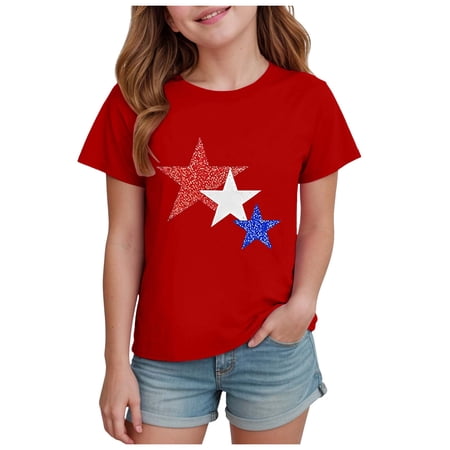 Gubotare Independence Day Shirt Girl Girls Cute Short Sleeve Tops Casual Loose T Shirts Kids Summer Soft Blouses (Red Size 7-8 Years)